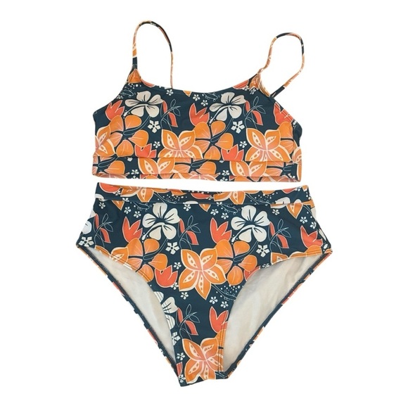 Other - Orange and Blue Hawaian Floral Bikini Set with High-Waisted Bottoms Size Medium